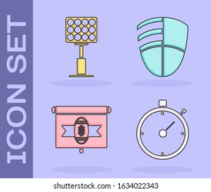 Set Stopwatch, Bright stadium lights, American football on tv program and Football club logo template icon. Vector