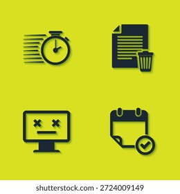 Set Stopwatch, Calendar with check mark, Dead monitor and Delete file document icon. Vector