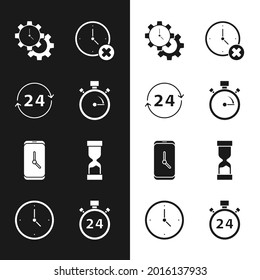Set Stopwatch, Clock 24 hours, Time Management, delete, Alarm clock app mobile, Old hourglass,  and  icon. Vector