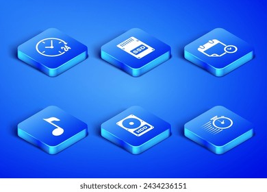 Set Stopwatch, Clock 24 hours, Hard disk drive HDD, Music note, tone, SSD card and Calendar and clock icon. Vector