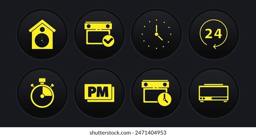 Stellen Sie Stoppuhr, Uhr 24 Stunden, PM, Kalender und Uhr, mit Häkchen, Digital-Alarm und Retro-Wand-Symbol. Vektorgrafik