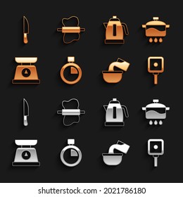 Set Stopwatch, Cooking pot, Frying pan, Saucepan, Scales, Electric kettle, Knife and Rolling pin on dough icon. Vector