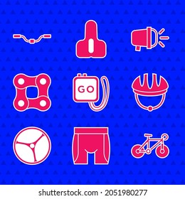 Set Stopwatch, Cycling shorts, Bicycle, helmet, wheel, chain, head lamp and handlebar icon. Vector