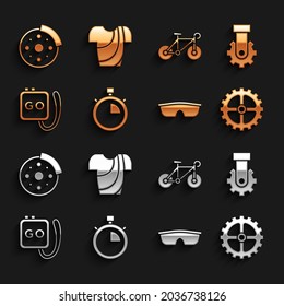 Set Stopwatch, Derailleur bicycle rear, Bicycle sprocket crank, Sport cycling sunglasses, brake disc and Cycling t-shirt icon. Vector