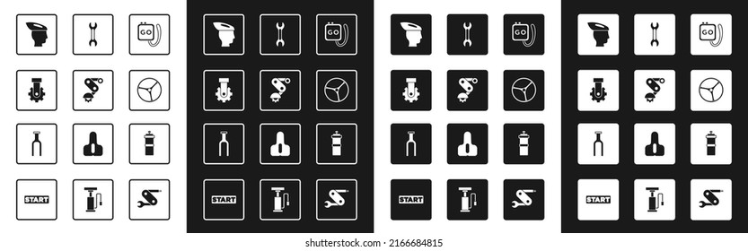 Set Stopwatch, Derailleur bicycle rear, Bicycle helmet, wheel, Wrench spanner, Sport bottle with water and fork icon. Vector