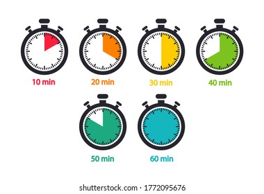 A set of stopwatch with different time, countdown in minutes. Timer. Vector icons.