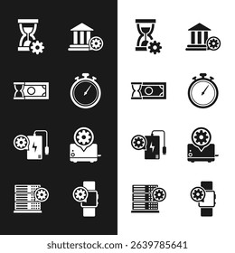 Set Stopwatch, Fast payments, Hourglass setting, Bank building, Power bank and Toaster icon. Vector