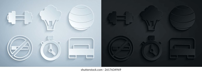 Set Stopwatch, Fitness ball, No Smoking, Big bed, Broccoli and Dumbbell icon. Vector