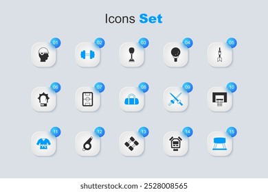Set Stopwatch, Football field, Dumbbell, Kimono, Pommel horse, Basketball backboard, Baseball helmet and Sport bag icon. Vector