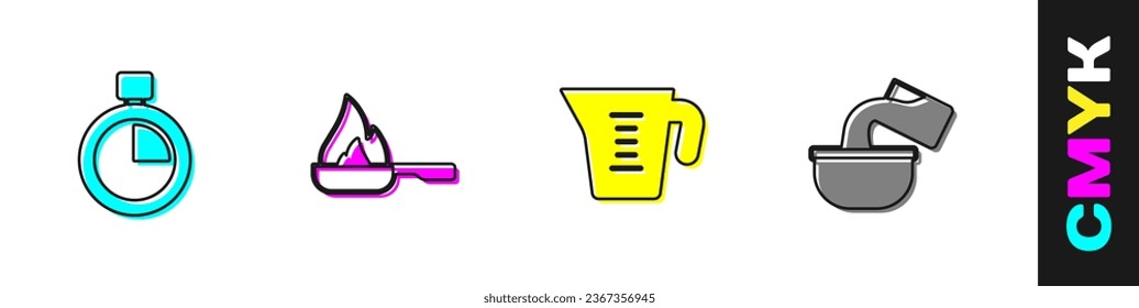 Set Stopwatch, Frying pan, Measuring cup and Saucepan icon. Vector
