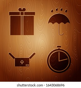 Set Stopwatch , Gift box , Cardboard box with traffic symbol  and Umbrella and rain drops  on wooden background. Vector