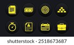 Set Stopwatch, Gold bars, Resume, Calendar, Target sport and Stacks paper money cash icon. Vector