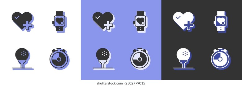 Set Stopwatch, Heart rate, Golf ball on tee and Smart with heart icon. Vector