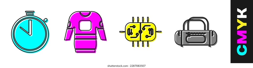 Set Stopwatch, Hockey jersey, Hockey table and Sport bag icon. Vector