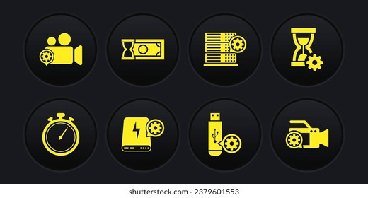 Set Stopwatch, Hourglass setting, Power bank, USB flash drive, Server and Fast payments icon. Vector