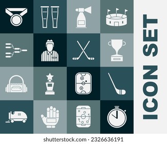 Set Stopwatch, Ice hockey stick, Award cup, Air horn, Hockey judge, referee, arbiter, Championship tournament bracket, Medal and sticks icon. Vector