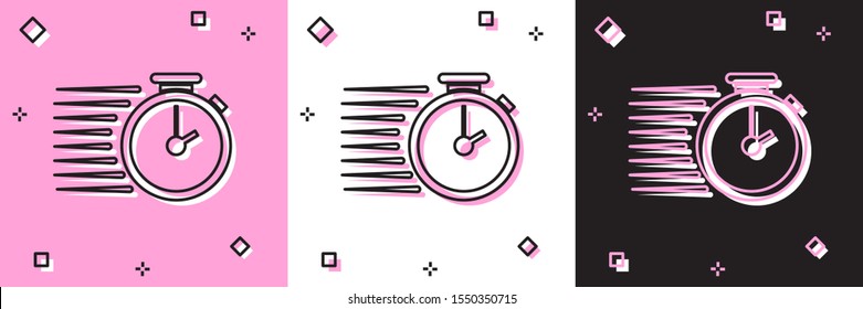 Set Stopwatch icon isolated on pink and white, black background. Time timer sign.  Vector Illustration