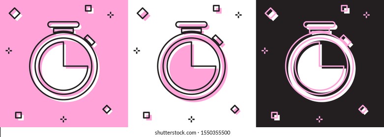 Set Stopwatch icon isolated on pink and white, black background. Time timer sign.  Vector Illustration