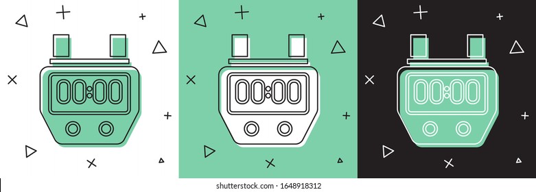Set Stopwatch icon isolated on white and green, black background. Time timer sign. Chronometer sign.  Vector Illustration