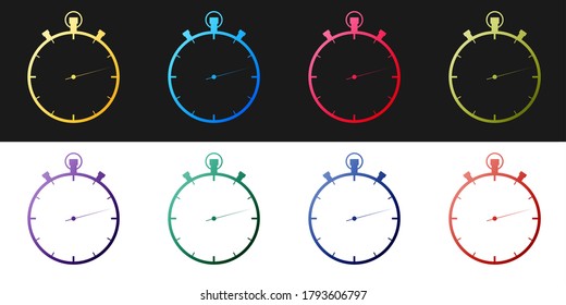 Set Stopwatch icon isolated on black and white background. Time timer sign. Vector.