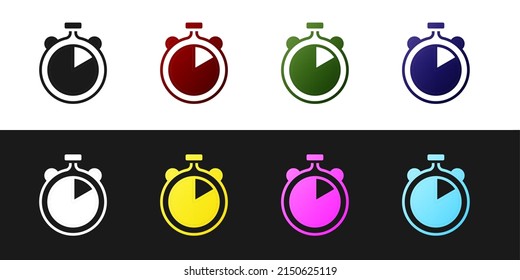 Set Stopwatch icon isolated on black and white background. Time timer sign. Chronometer sign. Vector