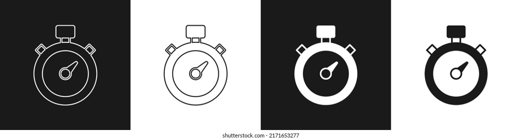 Set Stopwatch icon isolated on black and white background. Time timer sign. Chronometer sign.  Vector