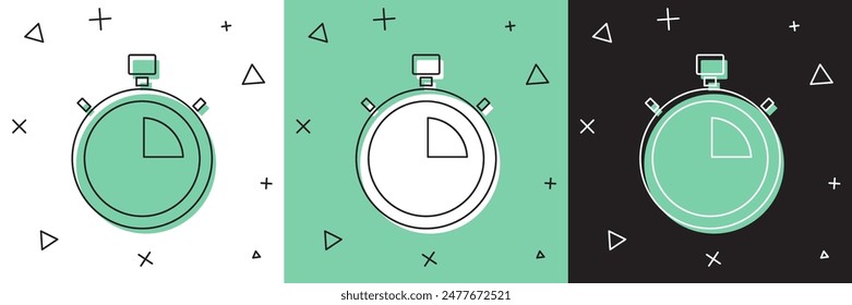 Establecer el icono de Cronómetro aislado en blanco y verde, fondo negro. Señal del temporizador. Signo del cronómetro.  Vector
