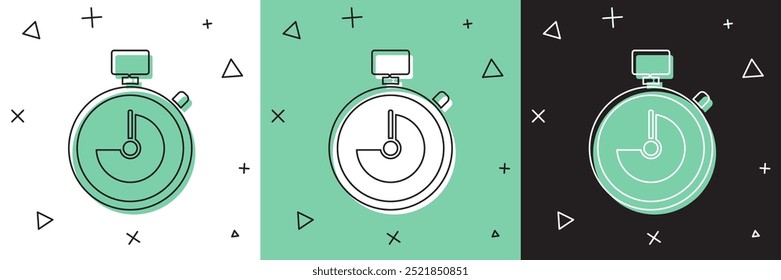 Definir ícone de cronômetro isolado no plano de fundo branco e verde e preto. Sinal do temporizador de tempo. Sinal de cronômetro.  Ilustração de vetor