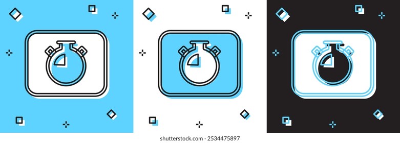Definir ícone de cronômetro isolado no plano de fundo preto, azul e branco. Sinal do temporizador de tempo. Sinal de cronômetro.  Vetor