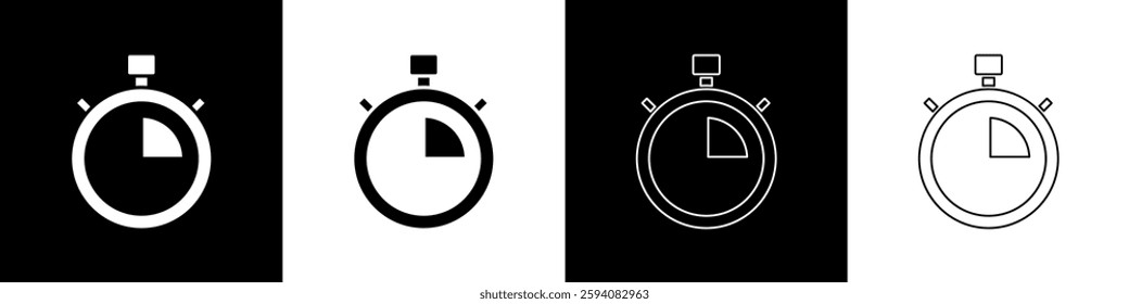 Set Stopwatch icon isolated on black and white background. Time timer sign. Chronometer sign.  Vector