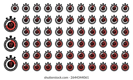 Set of stopwatch icons from 1 to 60 minutes. Clean, minimal vector design for apps, UI, fitness, timers, and digital interfaces. Each icon shows minute number clearly.