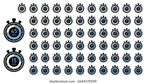  Set of stopwatch icons from 1 to 60 minutes. Perfect for time tracking, fitness, or apps.