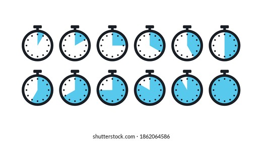 Juego de iconos de cronómetro. Con indicador de minuto de tiempo azul. Símbolo de fecha límite. ilustración de diseño plano vectorial.