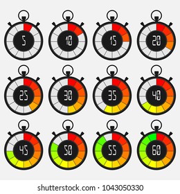 set of stopwatch icons, colored, isolated, on white background, vector illustration