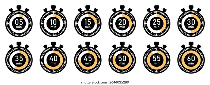 Set of stopwatch icons with countdown times from 5 to 60 minutes. Modern flat vector style for fitness, schedule apps, time tracking, and UI design elements.