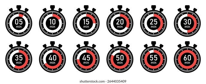 Set of stopwatch icons with countdown times from 5 to 60 minutes. Modern flat vector style for fitness, schedule apps, time tracking, and UI design elements. Icons, vector, symbols.