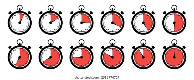 Set of stopwatch icons displaying time from 0 to 60 seconds and 5-minute intervals. Modern timer and watch symbols in black and red.