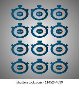Set of stopwatch icons in a flat style, timer on a gray background. Sports watches. Vector design element for you project. Stopwatch from 5 to 60 seconds in 5 second increments. EPS 10.