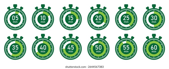Set of stopwatch icons showing countdown times from 5 to 60 minutes in green color.