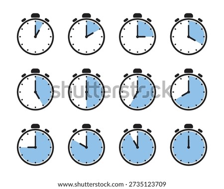 Set of stopwatch icons showing different time intervals with yellow progress shading