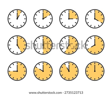 Set of stopwatch icons showing different time intervals with yellow progress shading