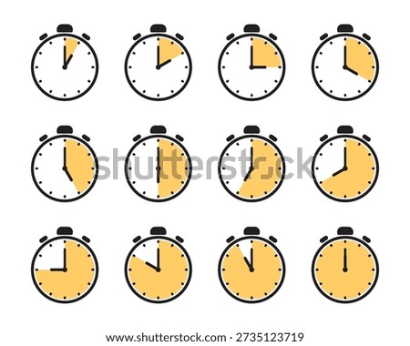Set of stopwatch icons showing different time intervals with yellow progress shading
