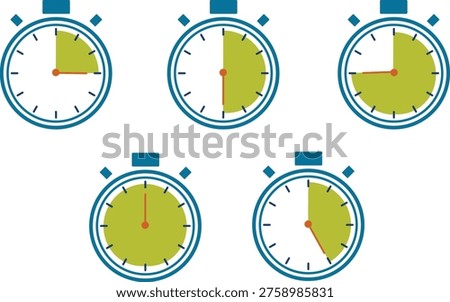 Set of stopwatch icons showing different time intervals and deadlines, flat vector illustration for time management