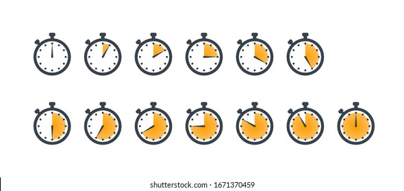 Set of stopwatch icons showing time - 5,10,15,20,25,30,35,40,45,50,55 minutes or seconds. Yellow and black color. Set of minimalist timers. Cooking time concept. Vector illustration