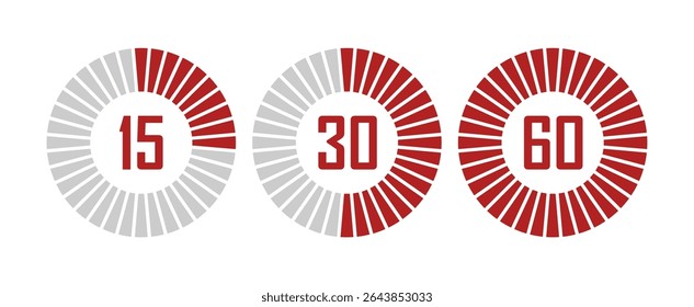 Set of stopwatch icons showing time intervals from 15 to 60. Minimal design with partial fill indicating time. Perfect for timers, fitness apps, and countdown graphics. Stopwatch, icons, vector