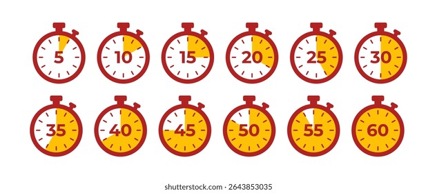 Set of stopwatch icons showing time intervals from 15 to 60. Minimal design with partial fill indicating time. Perfect for timers, fitness apps, and countdown graphics. Stopwatch, icons, vector
