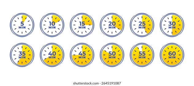 Set of stopwatch icons showing time intervals from 5 to 60. Minimal design with partial fill indicating time. Perfect for timers, fitness apps, and countdown graphics. Stopwatch, icons, vector