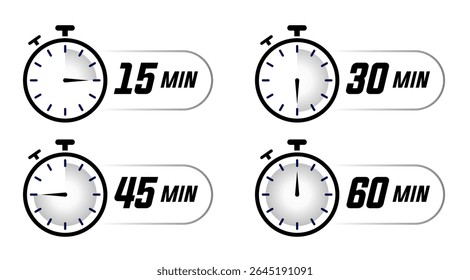 Set of stopwatch icons showing time intervals from 5 to 60. Minimal design with partial fill indicating time. Perfect for timers, fitness apps, and countdown graphics. Stopwatch, icons, vector