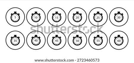 Set of stopwatch icons showing time intervals from 5 to 60 seconds. Minimal design with partial fill indicating time. Perfect for timers, fitness apps, and countdown graphics. Stopwatch, icons.