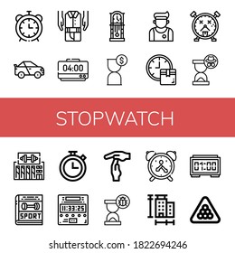 Juego de iconos de cronómetro. Como reloj de alarma, coche de carreras, segunda mano, reloj, reloj, reloj de arena, atleta, gimnasio, deporte, cronómetro, reloj digital, tiempo de espera, medida, billar, iconos de cronómetro
